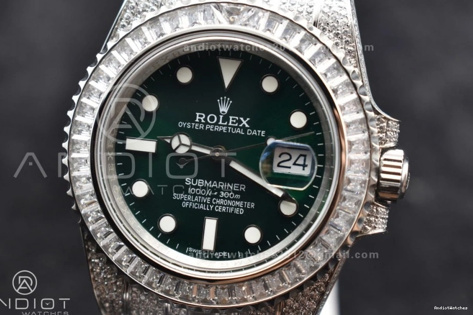 Diamonds on Bracelet VR Submariner Green SS Edition Full 1150 Dial on Minimalist Best AMGF 40mm 0426
